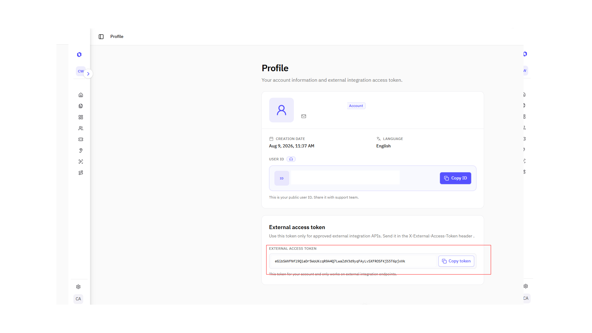 Profile page - external access token